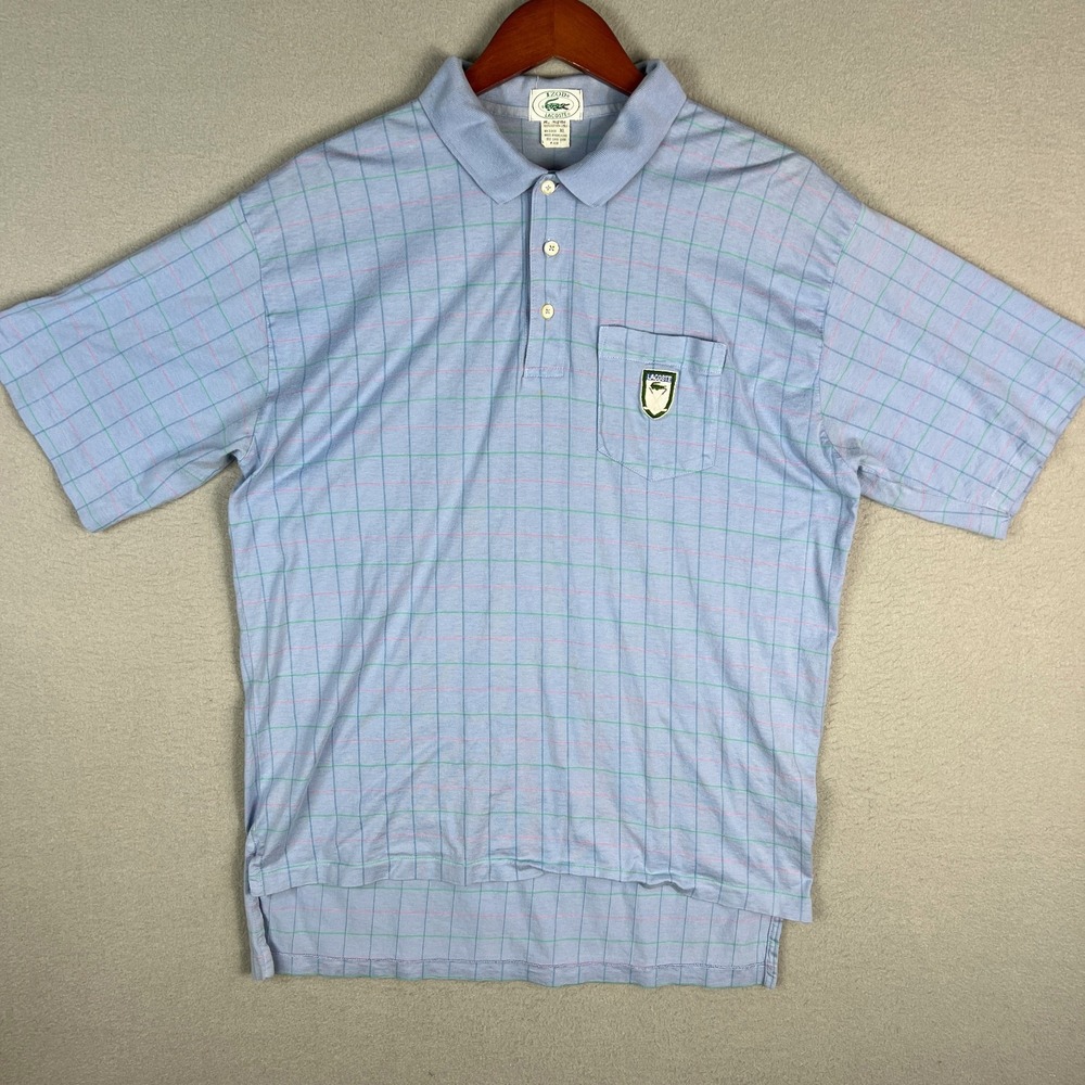 Izod Lacoste 80s Golf Polo Shirt Fits L Single Stitch Pocket Windowpane Check HK